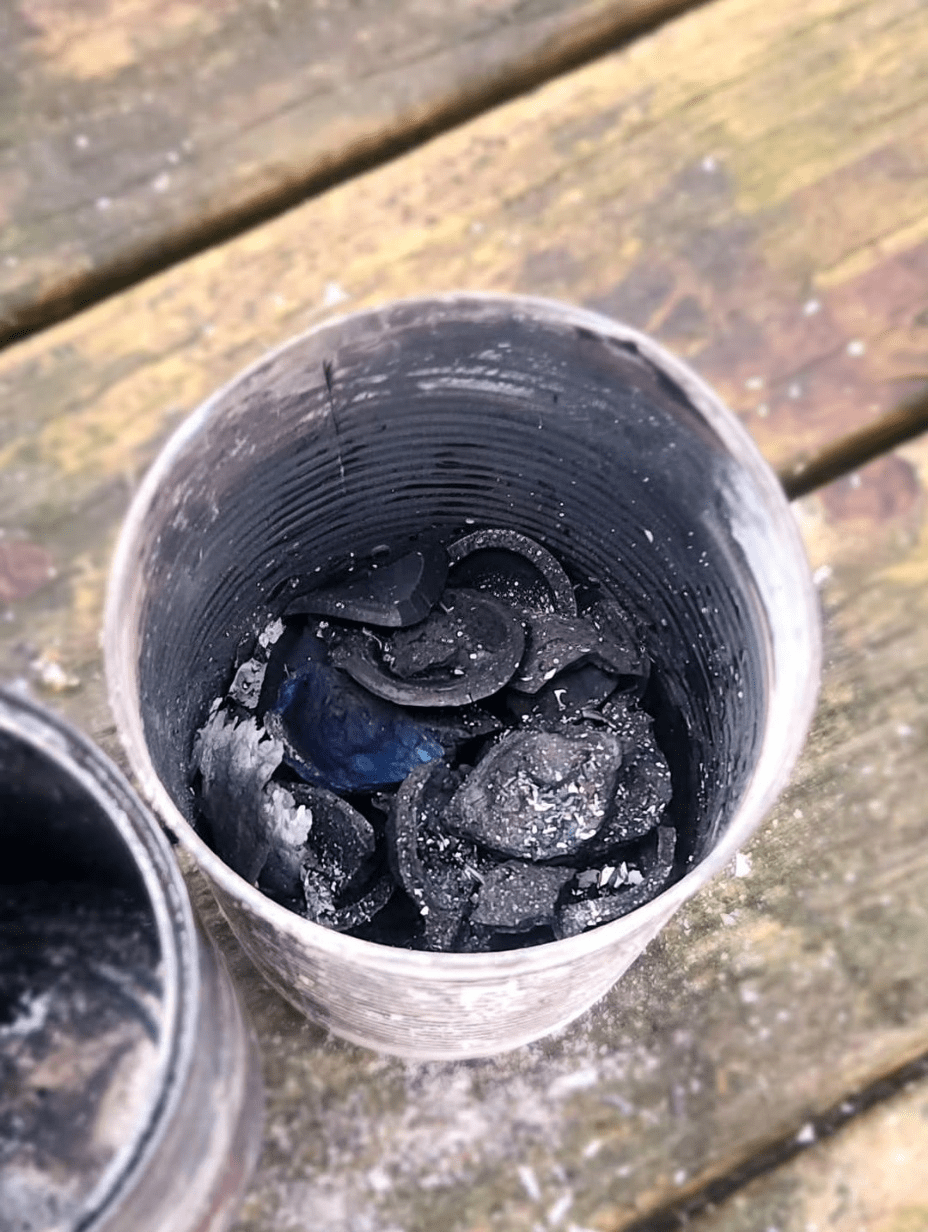 Finished biochar in the tin can after pyrolysis